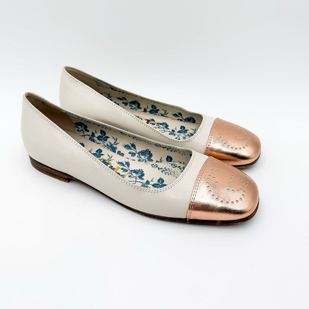 Gucci Hills Ballet Flat White Rose Gold Size 37, 7 Cap Toe GG Logo Leather - Picture 2 of 12